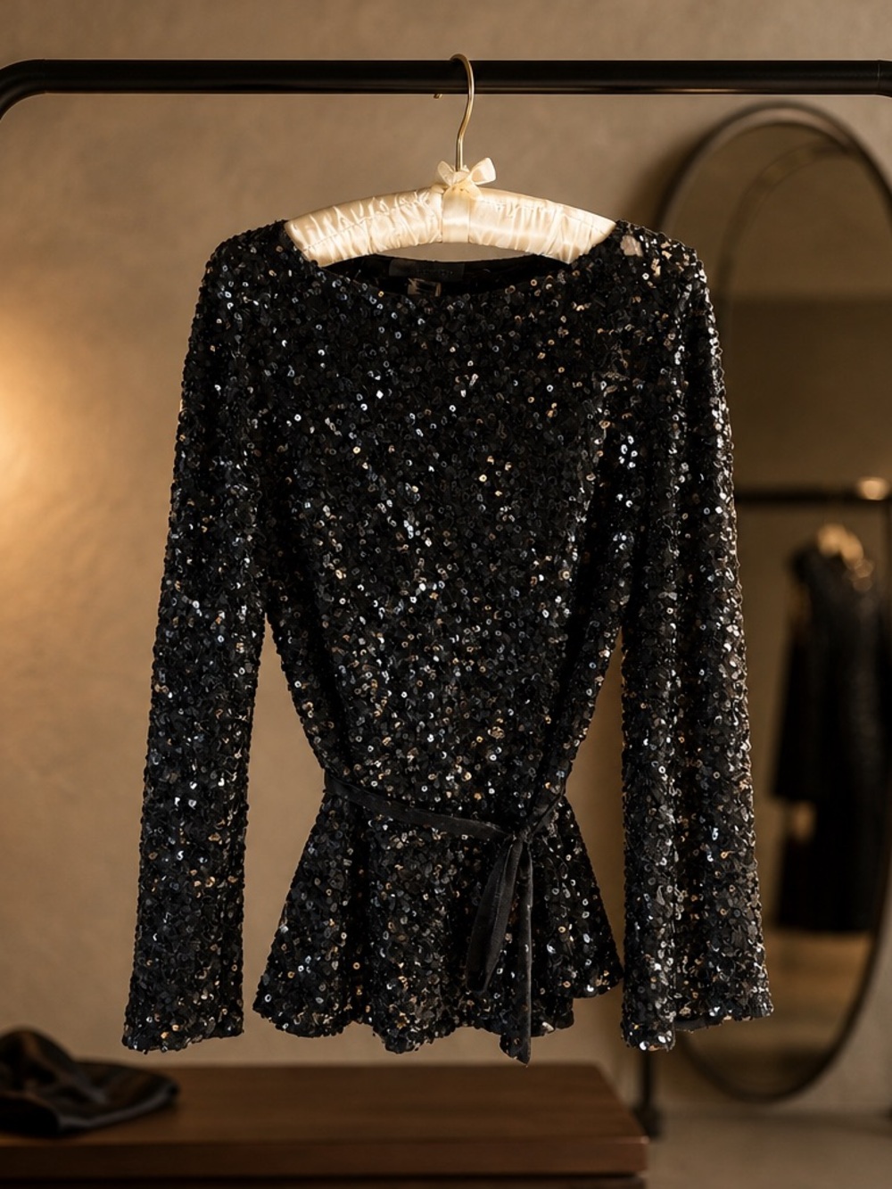 Jill Stuart Black Sequin Long-Sleeve Blouse | Bell Sleeve | Tied Waist